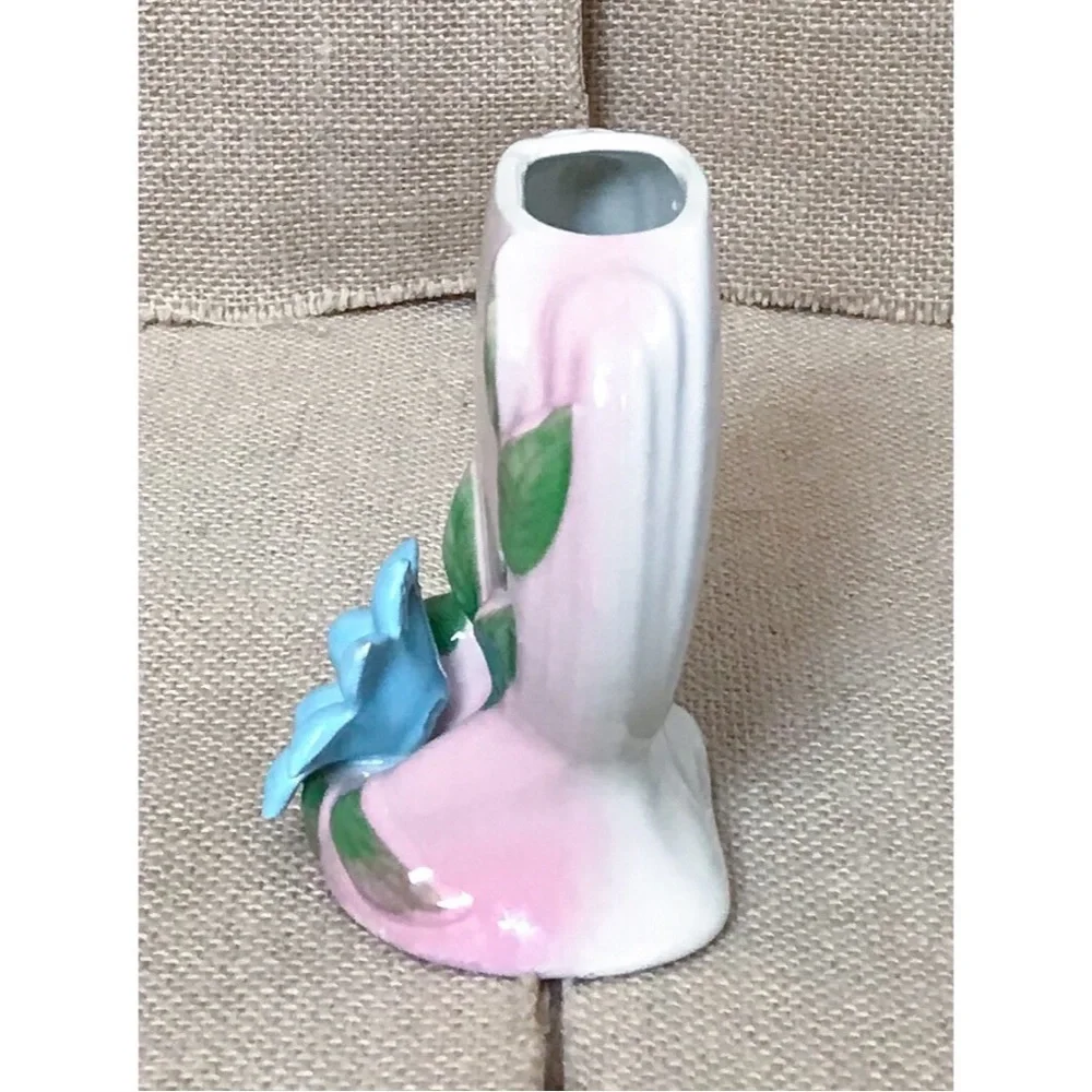 Vintage OPCO Pottery Pink Vase w Blue Applied Flower Granny Cottage Core Romance
